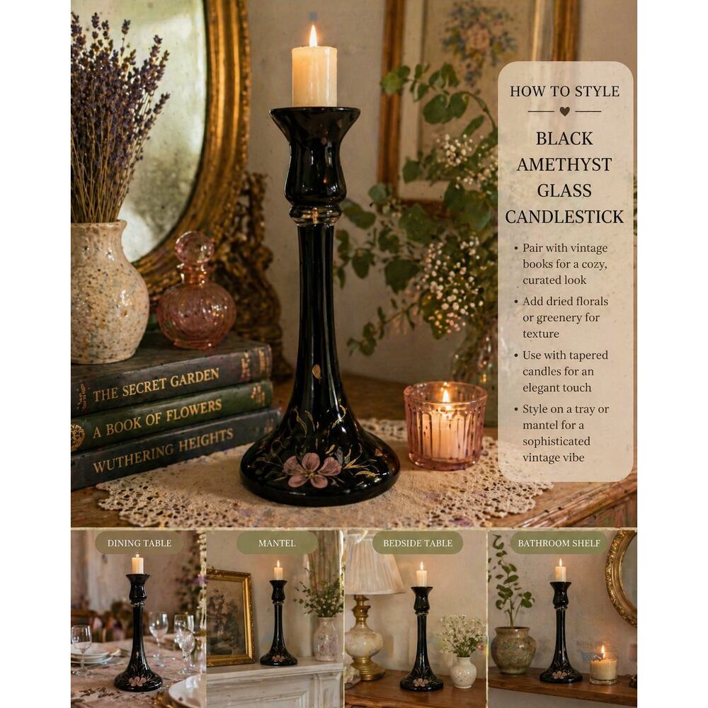 Vintage Black Amethyst Glass Candlestick 9” Floral Etched Gothic Cottagecore